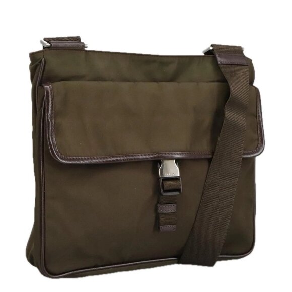 PRADA Shoulder Bag Nylon Khaki Brown Silver Auth - Picture 1 of 16